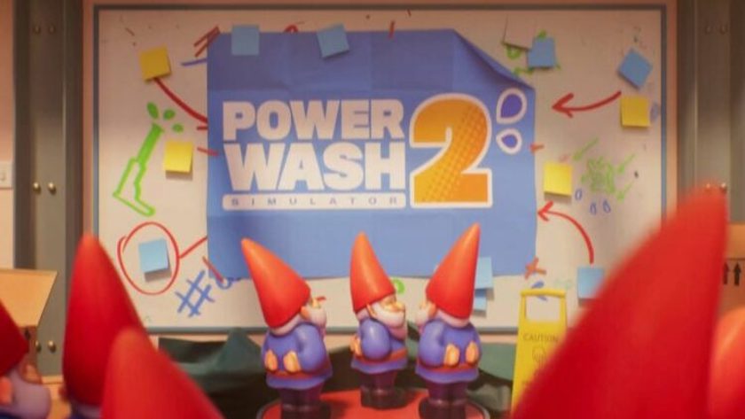 Powerwash Simulator 2 screen with gnomes. Published on LadiesGamers for Wholesome News