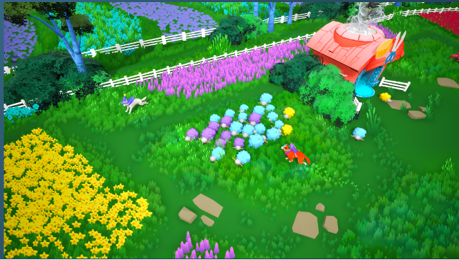 A vibrant farm scene from Sheepherds! rendered in a whimsical cartoon style. The setting features a red building with a water wheel and fountain, surrounded by colourful flower beds, blue-trunked trees, and a white picket fence. Animated animal characters—a unicorn or horse and a red fox or dog—roam the grassy area, while pastel-coloured sheep-like creatures gather playfully in the centre. Stone paths and stepping stones complete the cheerful, fantastical landscape. Published on: LadiesGamers.