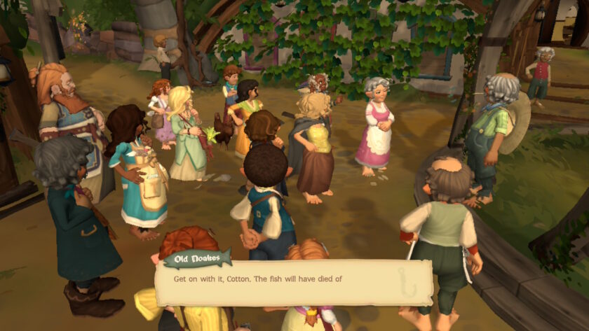 A group of hobbit characters gather outside in a sunlit village scene, surrounded by greenery and rustic wooden buildings. One holds a basket overflowing with fresh produce, while another gestures animatedly, sparking a lively discussion. A text box at the bottom features Old Noakes saying, “Get on with it, Cotton. The fish will have died of…”—implying a moment of humorous urgency in the laid-back world of Tales of the Shire. Published on: LadiesGamers.