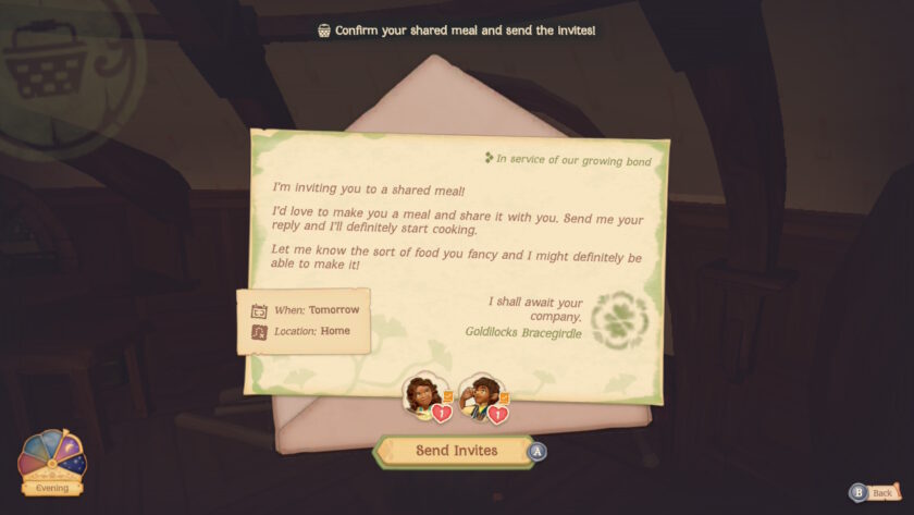 An in-game invitation from Tales of the Shire shows a handwritten note from Goldilocks Bracegirdle, inviting the player to a shared meal as a gesture of friendship. The letter asks for a food preference and promises a warm welcome. Beneath the letter, the event details read “When: Tomorrow” and “Location: Home.” Two buttons—“Send Invites” (A) and “Back” (B)—appear below. A small clock in the bottom corner marks the time as evening. Published on: LadiesGamers.