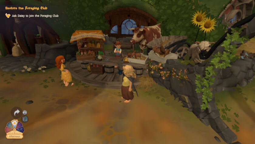 A rustic village scene from Tales of the Shire, featuring three Hobbits engaging in market activities. One stands near an ivy-covered stone wall adorned with flowers, while another tends a bustling stall filled with vegetables and pottery. A third Hobbit chats nearby as a cow and sheep graze peacefully in the background. On-screen text reads “Restore the Foraging Club” and “Ask Daisy to join the Foraging Club.” Published on: LadiesGamers.