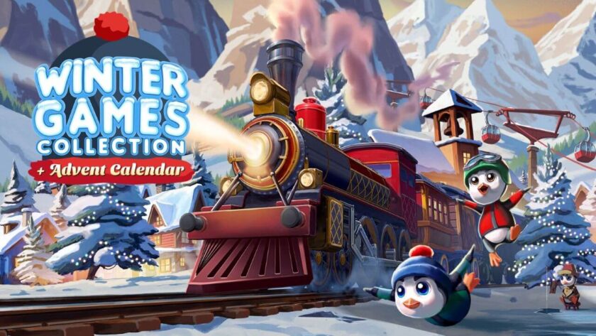 Promotional artwork for Winter Games Collection plus Advent Calendar with a steam train and penguins. Published on LadiesGamers