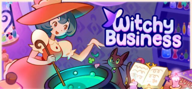 Promotional image for Witchy Business with a witch in red peering over a cauldron containing green liquid. Published on LadiesGamers.