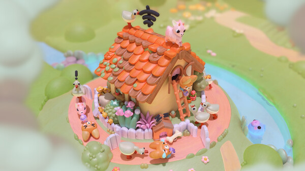 A cosy riverside scene from the video game Woodo, showcasing a small red-roofed house nestled amid lush greenery. A cheerful cast of animal characters—such as a dog and several birds—are playfully scattered around the home, contributing to the vibrant and whimsical atmosphere. Published on: LadiesGamers.