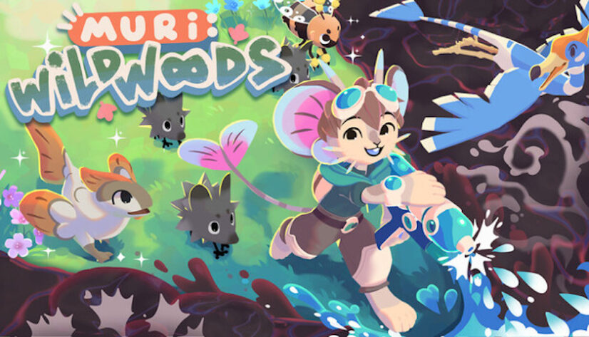 A Muri (cute mousy butterfly creature) sprays water while followed by several adorable critters in Muri: Wildwoods. Published on LadiesGamers for Wholesome News