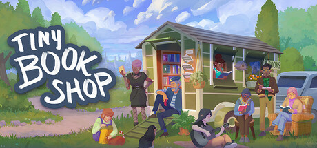 Promotional image for Tiny Bookshop showing a caravan with books and people. Published on LadiesGamers