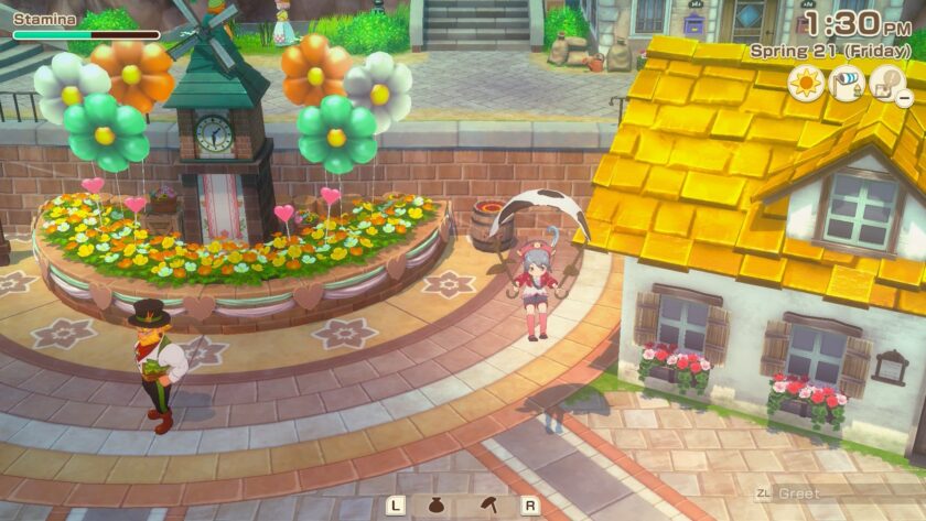 A colourful look at the town square with the main character flying around with a glider