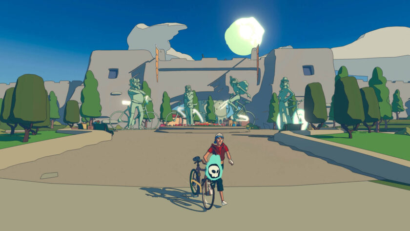 blue sky with a grey building with a biker with a red shirt and a glowing skull. Published on LadiesGamers