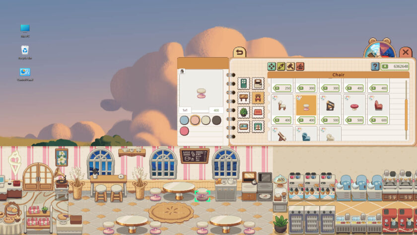 a cozy pixel cafe with an open inventory bar at the bottom part of a desktop