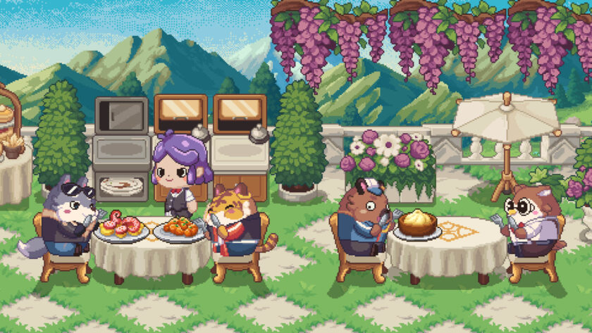 A pixel dining room with a purple haired waiter and animal customers sitting on tables
