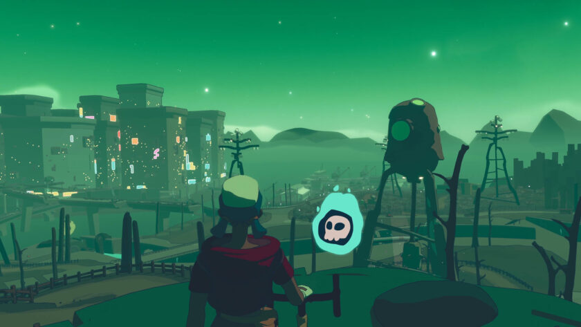 a biker with a red shirt with a glowing skull looking over a green landscape. Published on LadiesGamers