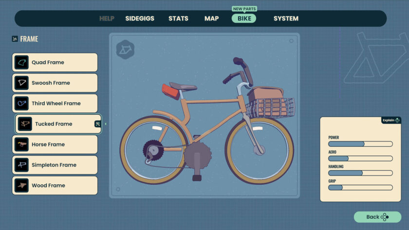 blueprint of a bike with different upgrade options on a blue background. Published on LadiesGamers