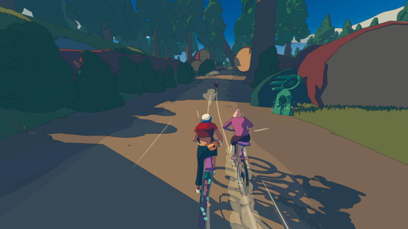 a biker with a red shirt racing a biker with a pink shirt on a road in the forest. Published on LadiesGamers