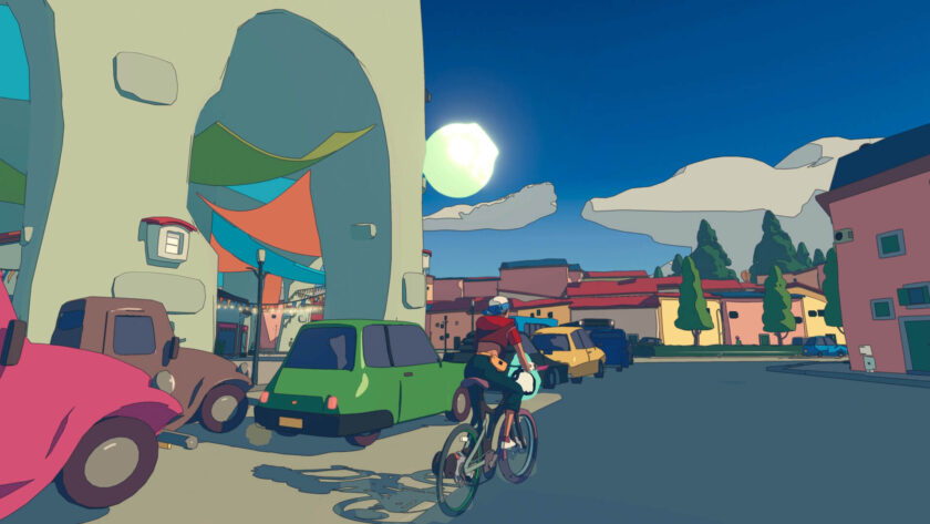 a biker with a red bike riding through a town with parked cars on the side. Published on LadiesGamers