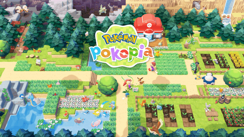 ALT text: A vibrant, illustrated scene from Pokémon Pokopia, showing a lush, nature-filled environment divided into themed areas. Pokémon characters are scattered throughout, engaging in activities like gardening, swimming, flying, and walking along winding paths. A red-roofed Pokémon Center sits near the top centre, surrounded by trees and trails. The landscape includes forests, farmland, flower beds, waterfalls, and a pond with aquatic Pokémon, creating a whimsical and immersive world. Published on: LadiesGamers