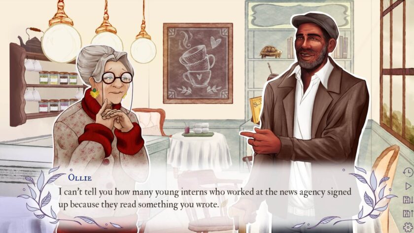 an older woman in a blouse talking to an older man 