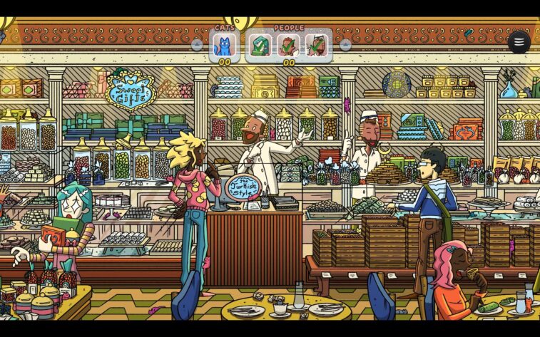 A colored picture of an interior of a candy store.