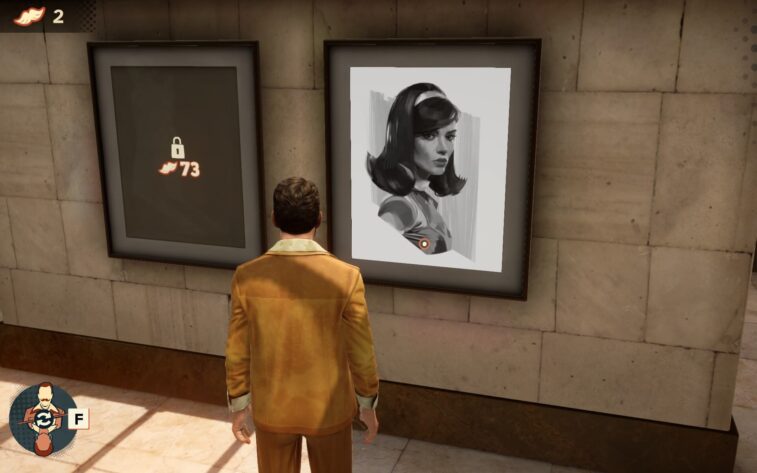 Poirot in front of a portrait of a young woman