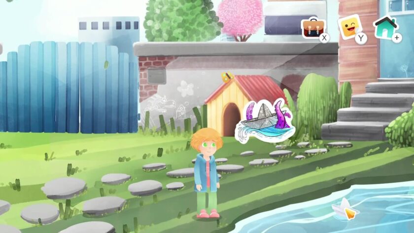 Charlie standing by a pond. The cursor is over a paper boat on the water and there is a sticker of the paper boat above Charlie's head. Published on LadiesGamers