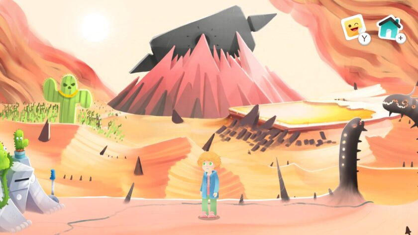 Charlie standing in Asfalia with a volcano in the background and various cacti surrounding the foreground. Published on LadiesGamers