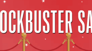 Promotional image for Blockbuster Sale with white letters on a red background with a golden rope barrier. Published on LadiesGamers.
