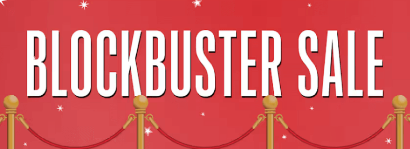 Promotional image for Blockbuster Sale with white letters on a red background with a golden rope barrier. Published on LadiesGamers.