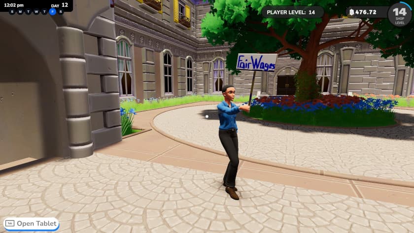 An employee is protesting my bookshop in Bookshop Simulator.