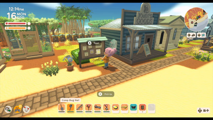 A sunny town scene from Dinkum, showing a character holding a bug net while standing in front of a bulletin board near “John’s Goods,” a general store. The environment features sandy ground, palm trees, and tropical plants, with the in-game time and date displayed as “12:41 PM, MON, 16 SPR.” Inventory icons along the bottom show tools like a shovel, axe, fishing rod, and bug net. The relaxed setting and warm colours reflect the game’s laid-back, community-focused vibe. Published on: LadiesGamers
