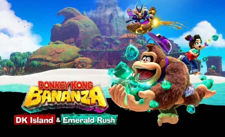 Promotional image for Donkey Kong Bananza DLC DK Island and Emerald Rush showing Donkey Kong and Pauline carrying emeralds with DK Island in the background. Published on LadiesGamers.
