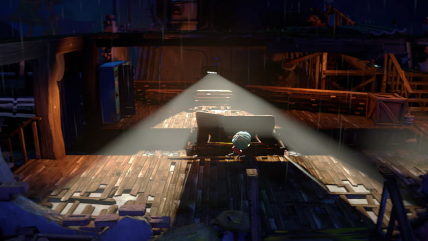 Gloomy hides behind a piece of wood from the light in Gloomy Eyes.
