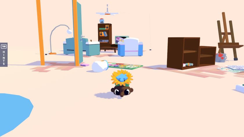 Henry wears a funny hat inside their apartment in Henry Halfhead.