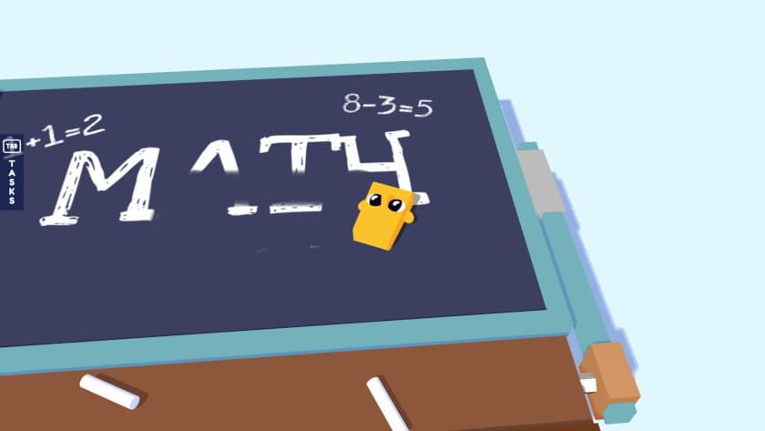 Henry is possessing an eraser and rubbing the chalk off of a chalkboard in Henry Halfhead.