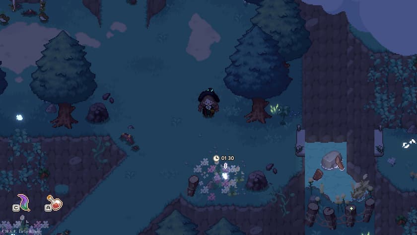 Ellie in the middle of the woods at night in Little Witch in the Woods.