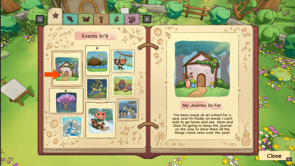 A colourful and whimsical journal interface from Luffi Homebound, displaying a two-page spread filled with illustrated memories and personal reflections. The left page, titled "Events 9/9", features a grid of nine vibrant icons representing scenes like a cherry blossom tree, a bear character, and a fishing moment—one icon highlighted with an orange arrow. The right page contains a heartfelt journal entry titled "My Journey So Far", accompanied by an illustration of a cosy red-roofed house surrounded by flowers. The background shows a cheerful outdoor setting with trees and a winding path, enhancing the playful and reflective tone of the journal. Published on: LadiesGamers