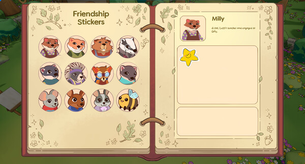 A charming digital journal spread from Luffi Homebound, titled "Friendship Stickers", showcasing a collection of twelve circular icons of anthropomorphic animal characters on the left page. Each character, including a bear, fox, badger, raccoon, and rabbit, is uniquely dressed and expressive. The right page highlights Milly, a shy, book-loving mouse who enjoys a cuppa, with her portrait and a cheerful yellow star-shaped sticker beneath. The interface suggests a playful mechanic for tracking relationships or achievements in a warm, storybook-style setting. Published on: LadiesGamers