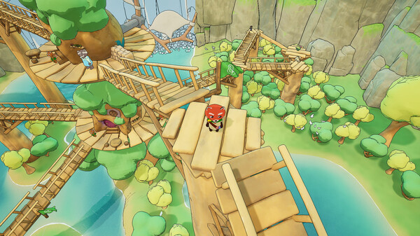A vivid and imaginative forest scene from Luffi Homebound, showcasing a multi-level treehouse village nestled within lush greenery and steep cliff walls. A masked character resembling a red fox stands atop a high wooden platform, surveying the winding bridges, ladders, and interconnected wooden structures below. The environment features a flowing river and towering trees, creating a playful and adventurous atmosphere with a rich colour palette and a sense of vertical exploration. Published on: LadiesGamers