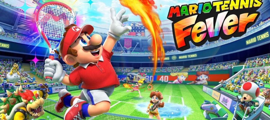 Promotional image for Mario Tennis Fever, showing Mario about to hit a fiery ball. Published on LadiesGamers.