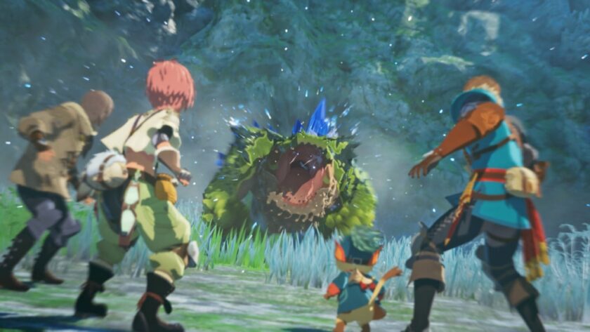 A dramatic forest battle scene from Monster Hunter Stories 3, featuring four human characters and a small creature confronting a towering moss-covered monster with glowing blue crystal spikes and sharp teeth. The group stands ready with weapons drawn, surrounded by mist and magical particles in a lush, enchanted woodland. The moment captures the tension and excitement of a major boss fight in this fantasy RPG. Published on: LadiesGamers