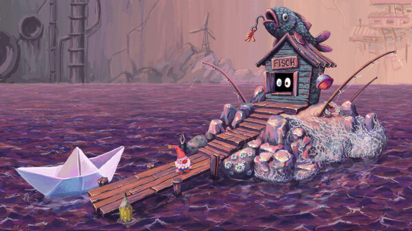 A whimsical and surreal scene from Poco, featuring a tiny rocky island floating in a purple-toned body of water. A wooden dock extends from the island, where a gnome-like character stands fishing beside a paper boat. The island hosts a shack labelled "FISCH", with glowing eyes peering from within and a large stylised fish sculpture perched on top, clutching a worm. Fishing rods and nets decorate the surroundings, while industrial pipes and structures loom in the background, adding contrast to the fantastical setting. Published on: LadiesGamers