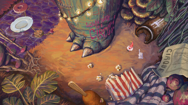 A vibrant and surreal illustration from Poco, capturing a chaotic fairground scene disrupted by a giant green dinosaur foot. The clawed foot is decorated with string lights and graffiti reading "DOWN WITH CIRQUE", towering over scattered circus debris including a tipped popcorn container, a corn dog, a broken barrel, and a miniature red-and-white circus tent. Tropical leaves, mushrooms, vegetables, and a half-eaten cookie add to the whimsical clutter, while the vivid colours and detailed textures evoke a humorous sense of disorder.