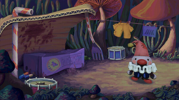 A whimsical forest scene from Poco, featuring a makeshift shelter built from corrugated material and wooden planks. Beneath the shelter are scattered items including a purple box with blueprint markings, a drum, and several cans. A clothesline stretches between two oversized mushrooms, holding a yellow shirt and a patterned purple towel. On the right stands a small gnome-like character with a red pointed hat, white ruffled collar, and black gloves. The background is filled with stylised vegetation and giant mushrooms, creating a surreal and cosy atmosphere. Published on: LadiesGamers