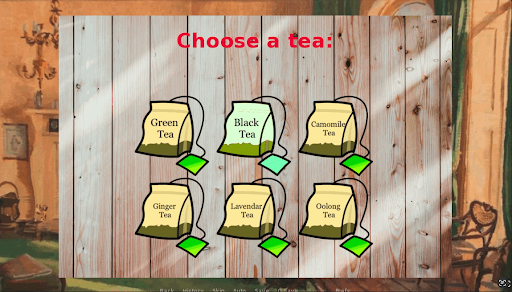 Selection screen from Sips and Sonnets showing six illustrated tea bags on a wooden background, each labelled with a different type of tea: Green, Black, Chamomile, Ginger, Lavender, and Oolong. The cosy room setting with vintage furniture and warm lighting adds a comforting atmosphere to the tea-picking experience. Published on: LadiesGamers.