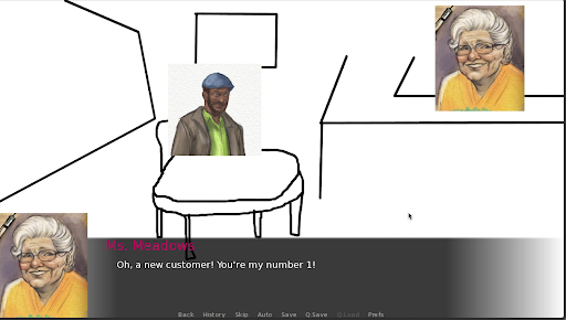 Screenshot from Sips and Sonnets showing a black-and-white illustrated room with simple line art. Two character portraits are overlaid: Ms. Meadows, an older woman with white hair and glasses in a yellow-orange top, appears twice; a man in a blue flat cap and green shirt is seated at the centre. A dialogue box at the bottom reads, “Oh, a new customer! You’re my number 1!” Published on: LadiesGamers.