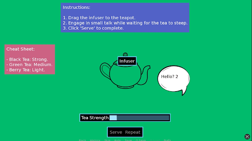 Screenshot from Sips and Sonnets showing a tea-making interface with a green background. Instructions guide the player to drag the infuser, engage in small talk, and serve the tea. A cheat sheet outlines tea strengths, and a speech bubble from the teapot says “Hello?”. Interactive buttons and a tea strength slider appear below. Published on: LadiesGamers.