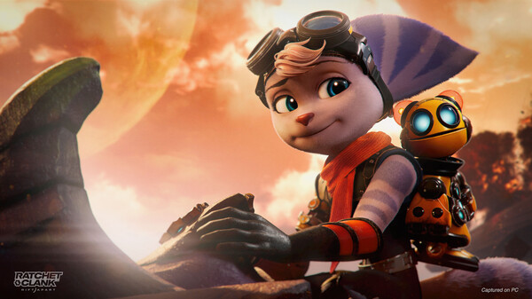 Rivet, a white-furred female Lombax with purple stripes, is seen gripping a futuristic vehicle or structure with a determined look. She wears a red scarf, black gloves, and goggles perched on her head, while small robot companion Clank with glowing blue eyes clings to her back. Behind her stretches a vivid alien landscape with a large planet in the sky, capturing the adventurous spirit of Ratchet & Clank: Rift Apart. Published on: LadiesGamers.