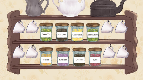 A wooden three-tiered shelf neatly arranged with teapots, hanging teacups, and glass jars filled with colourful loose-leaf teas and herbs such as Earl Grey, Chamomile, Oolong, and Rose. The display evokes a cosy, contemplative atmosphere, perfectly suited to the aesthetic and theme of the video game Sips and Sonnets. Published on: LadiesGamers.