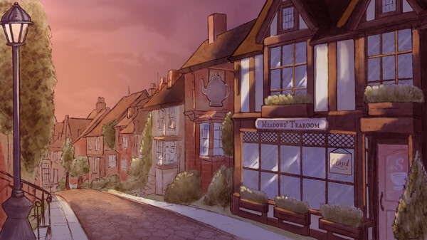 Sunset street scene from Sips and Sonnets featuring a quaint village with Tudor-style buildings. “Meadow’s Tearoom” stands prominently with a teapot-shaped sign and warm lighting. Potted plants and a vintage streetlamp line the cobblestone road, curving gently uphill under a pink-orange sky. Published on: LadiesGamers.