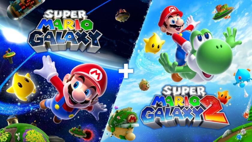 Promotional image for Super Mario Galaxy showing Mario flying through space with a star and Super Mario Galaxy 2 showing Mario on Yoshi. Published on LadiesGamers