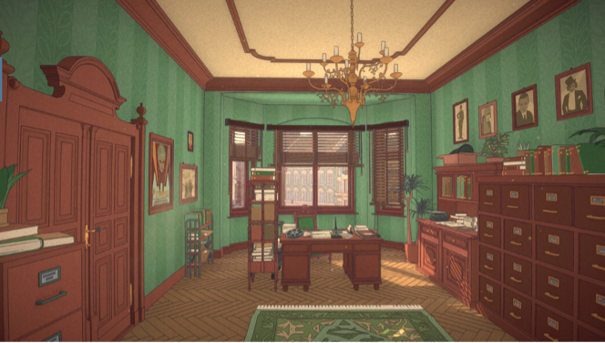 A richly detailed vintage office from The Berlin Apartment, featuring green patterned wallpaper and herringbone wooden flooring. A large wooden desk with two chairs sits at the centre, illuminated by natural light from a window with wooden blinds. The right wall is lined with filing cabinets and bookshelves filled with documents and books, while framed portraits and photographs add a personal touch. A chandelier hangs overhead, and a green decorative rug lies beneath the desk. A coat rack and bookshelf flank a tall wooden door on the left, completing the nostalgic, professional atmosphere. Published on: LadiesGamers