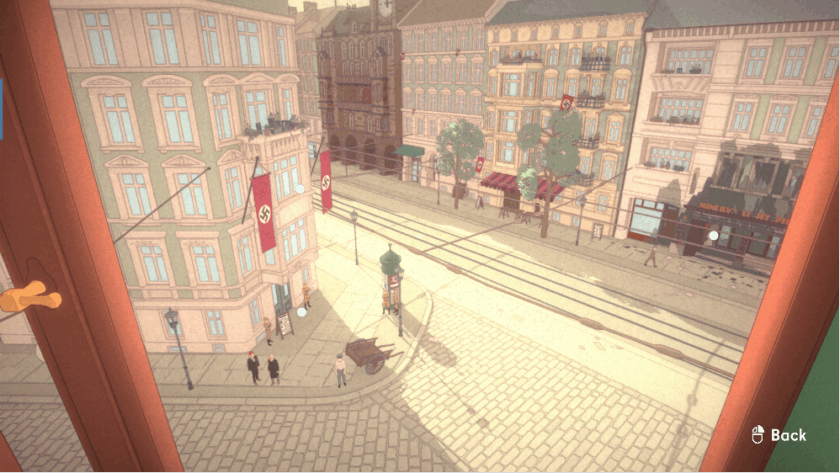 A stylised street scene from The Berlin Apartment, viewed from above through a window. Ornate European buildings line cobbled streets intersected by tram tracks, where pedestrians stroll past a green kiosk and a cart. Red flags bearing swastikas hang from the façades, placing the setting in Nazi-era Germany. The lighting suggests daytime, with shadows cast across the pavement. A “Back” button in the corner hints at interactive gameplay, contrasting the historical tension with the player’s quiet vantage point. Published on: LadiesGamers